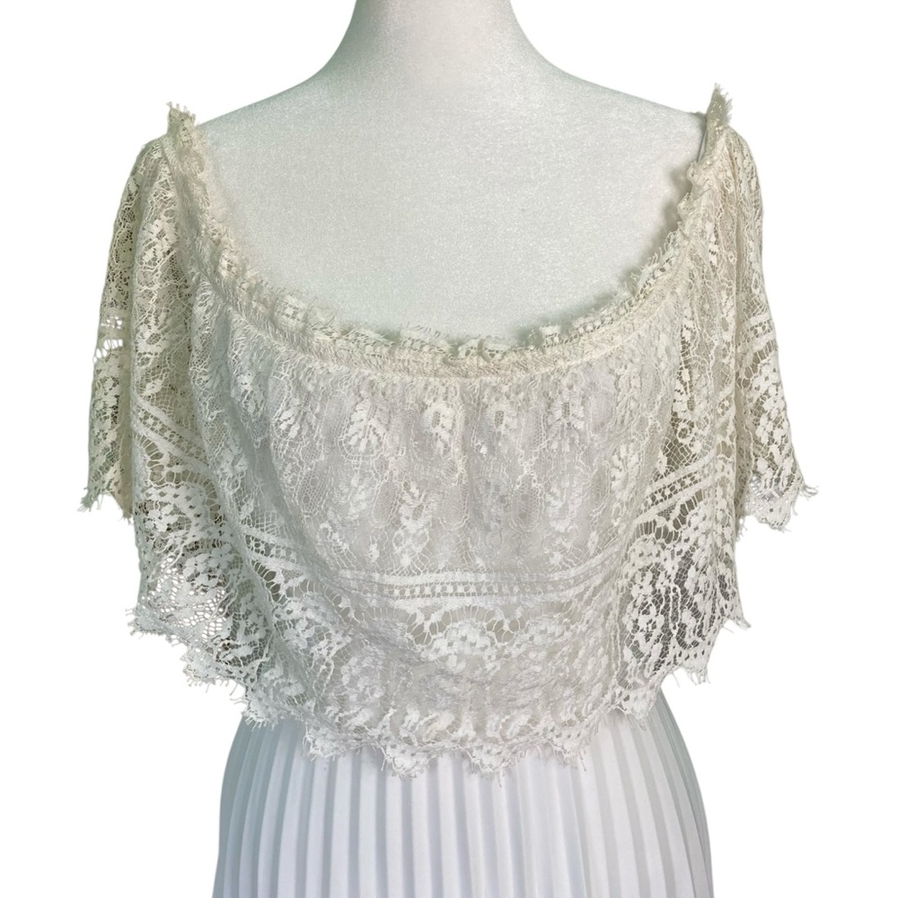 Vintage Pleated Lace Maxi Gown Dress White Cream Empire Waist Cape (Size XS/S) - Picture 3 of 16